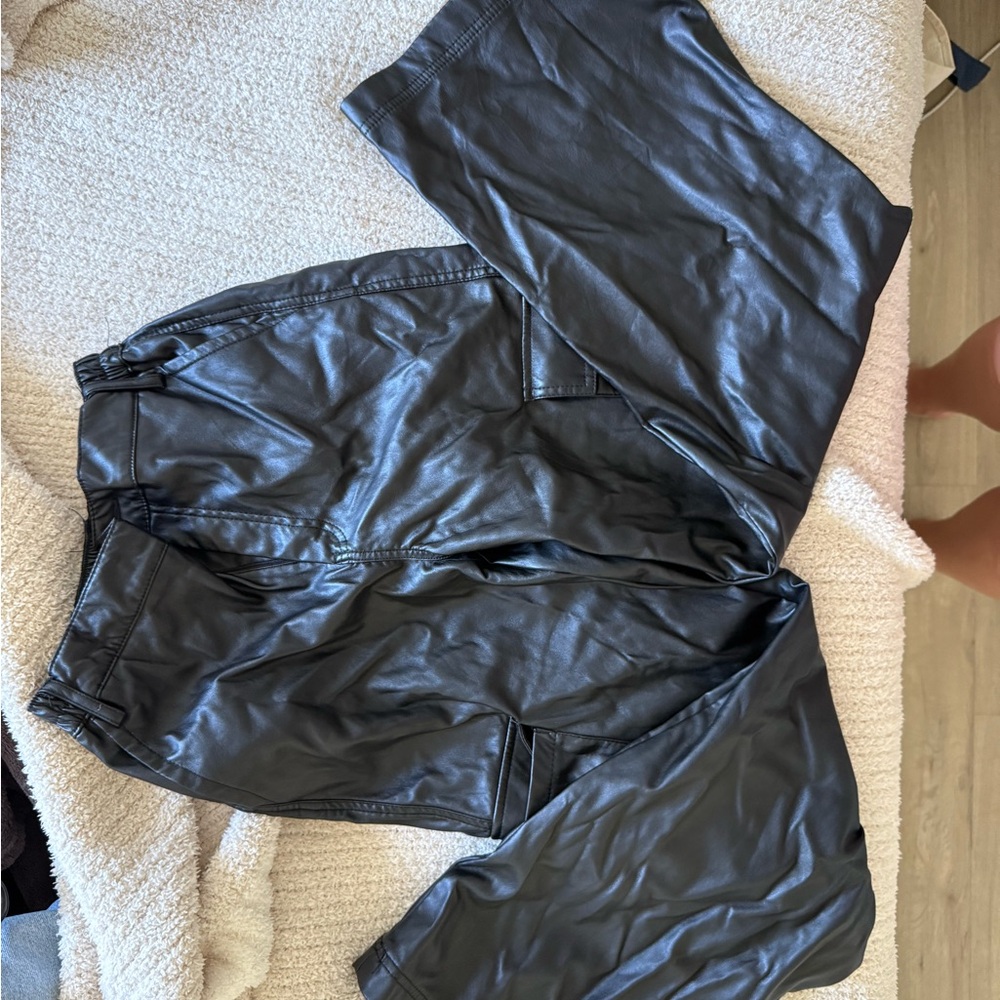 Black Faux Leather Cargo Pants